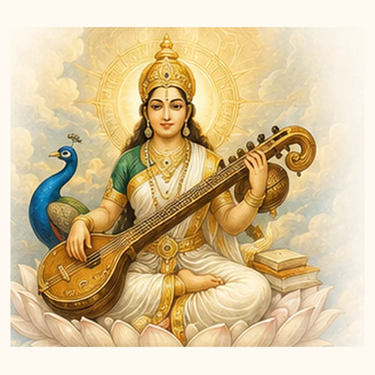 Traditional devotional artwork of Saraswati with a veena, representing wisdom, discernment and clear understanding