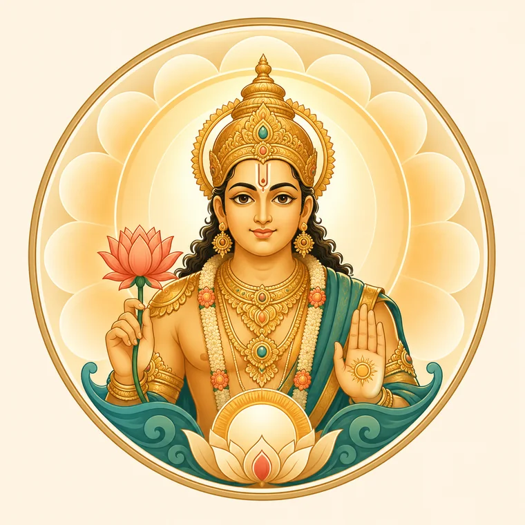Traditional devotional artwork of Surya, the solar deity associated with illumination and conscious clarity